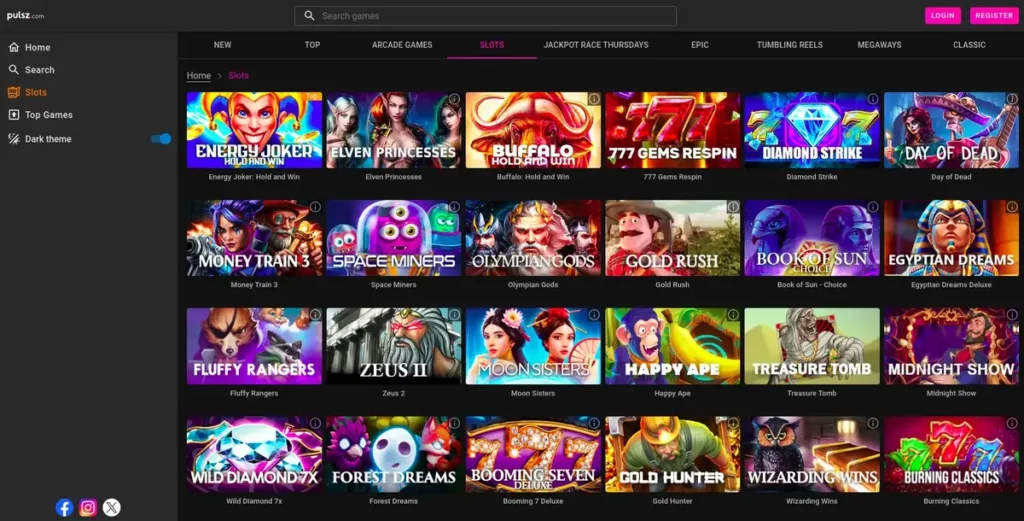 Casino game selection at Pulsz